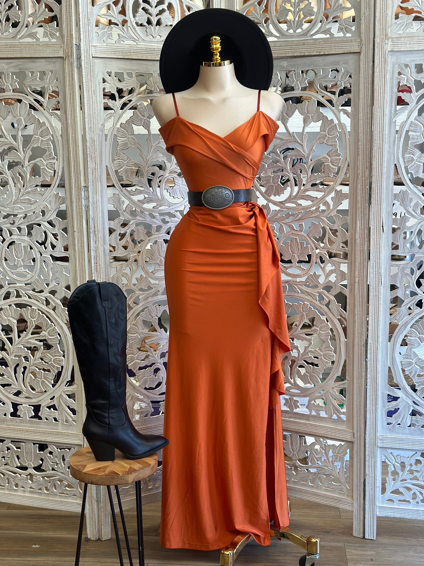 Burnt Orange Off Shoulder Gown - Estira, Stretchy