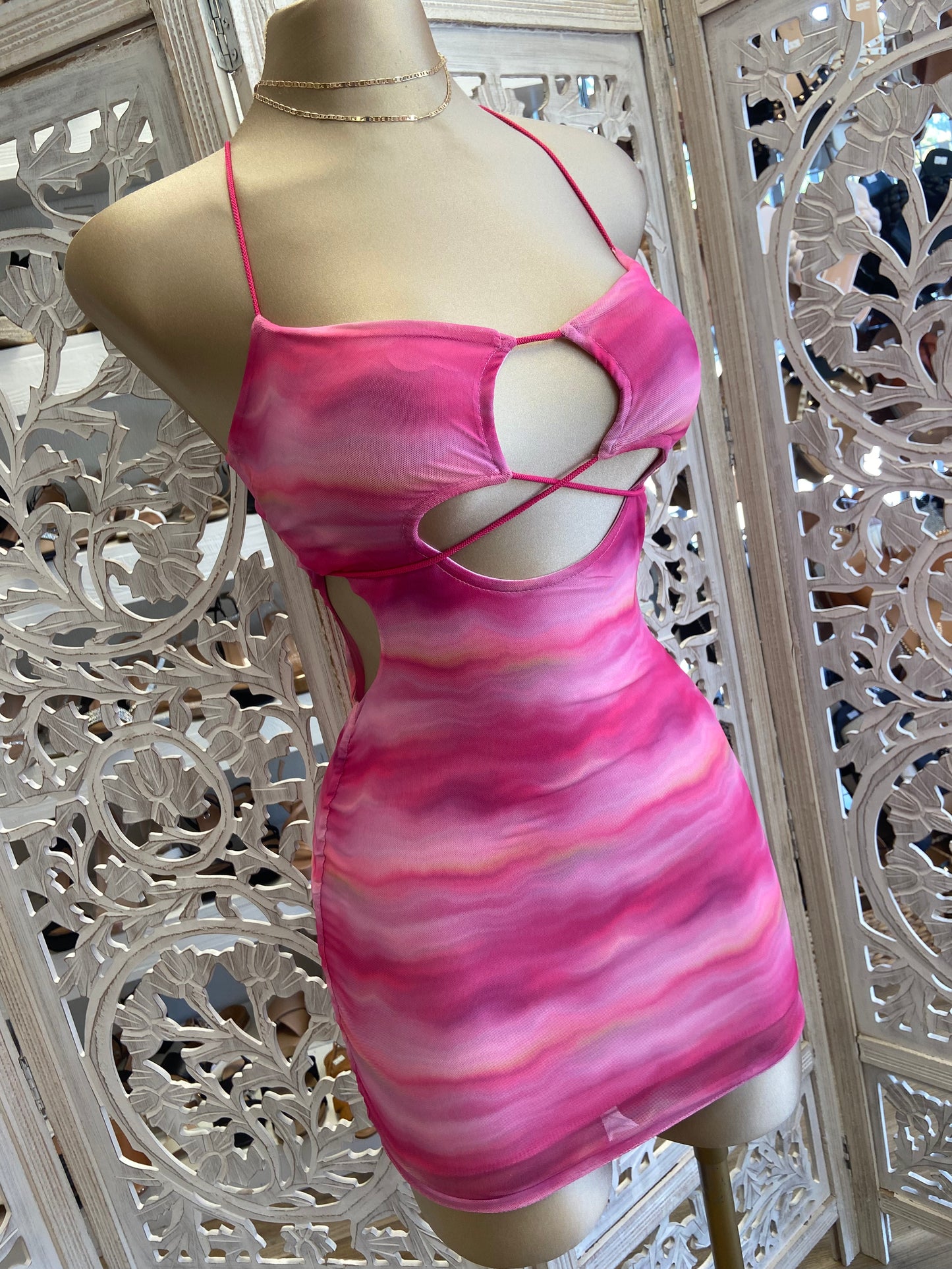 Tie Dye Hot Pink Cutout Mini Dress