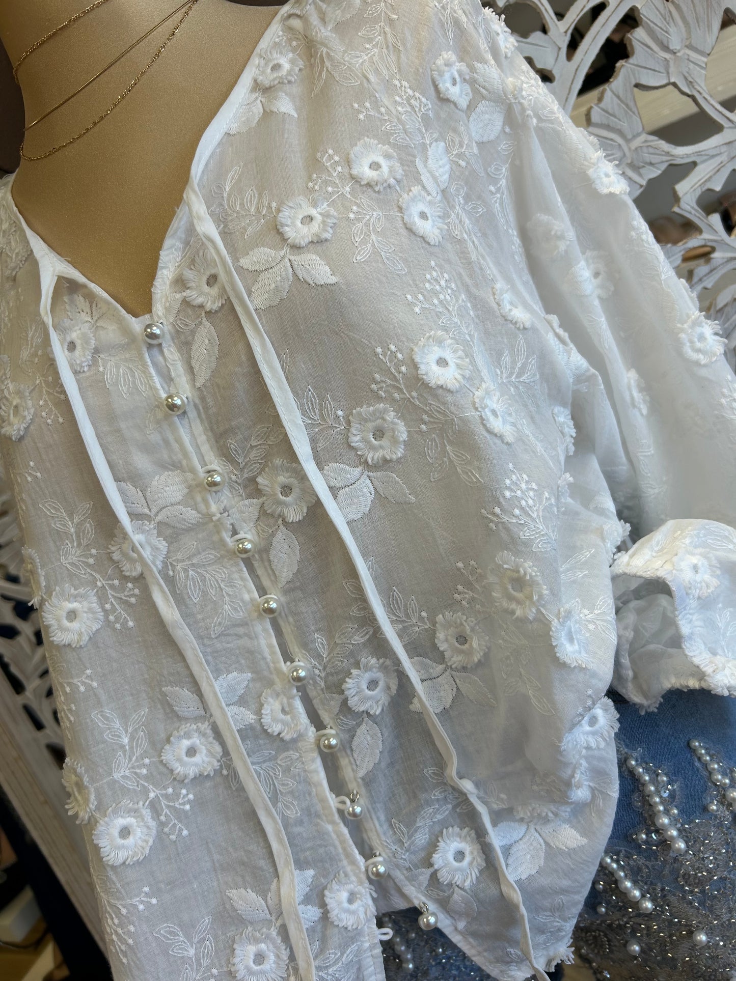 White Flower Embroidered Pearl Button Blouse- One Size