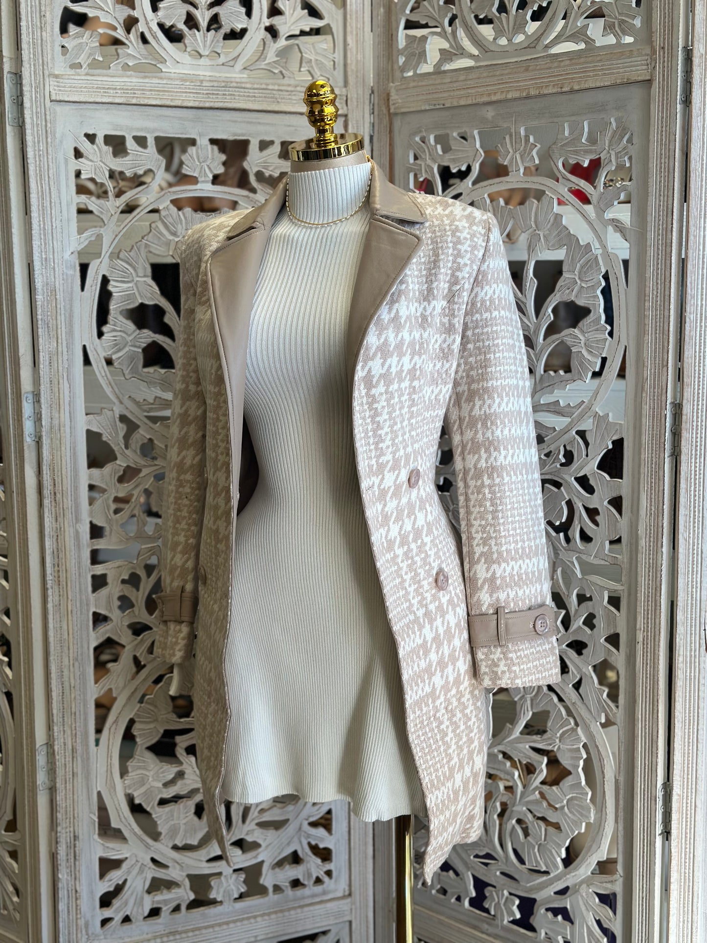 Neutral Houndstooth Midsize Coat