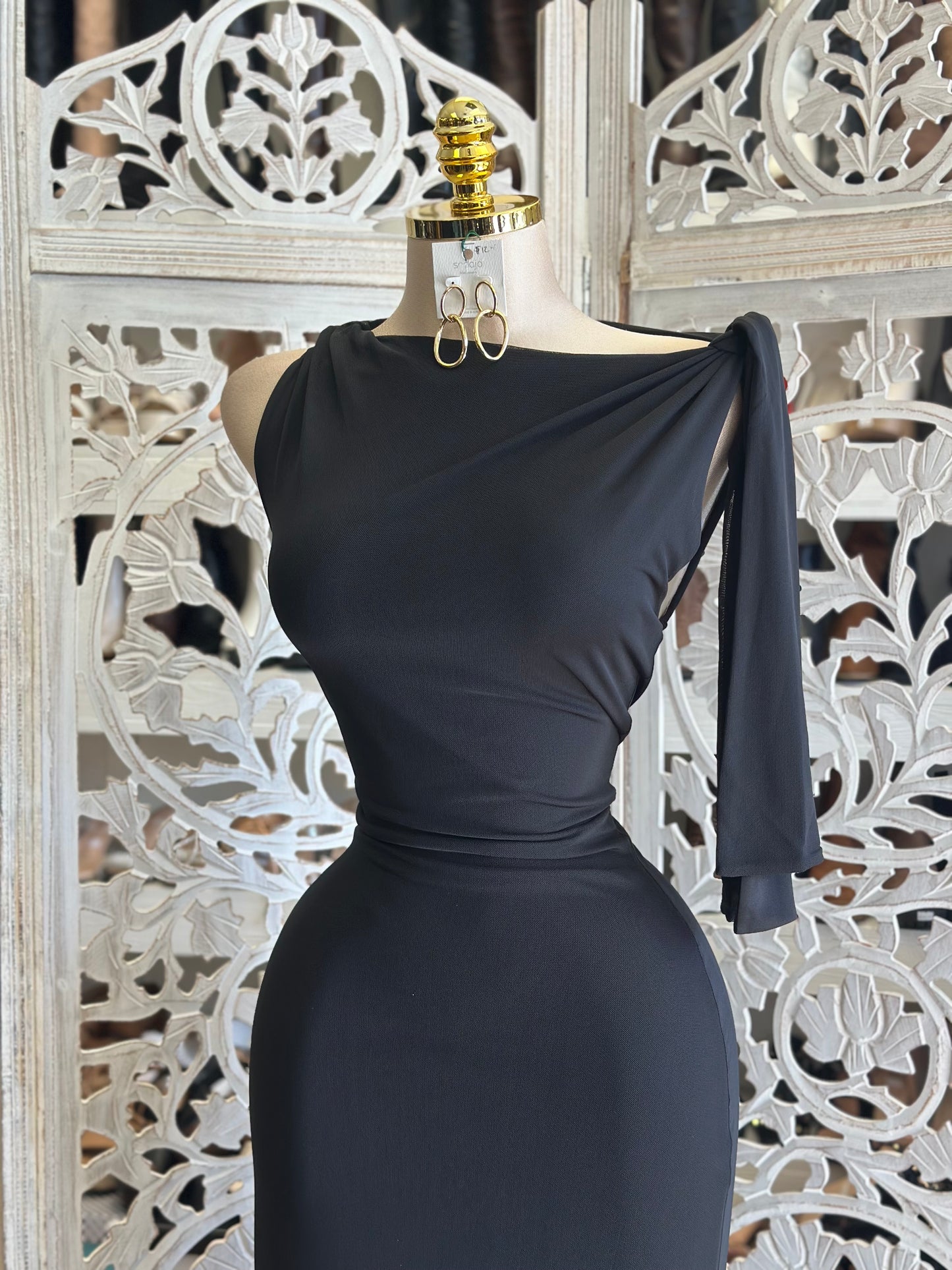 Black Sleek Asymmetrical Dress- Stretchy, Estira