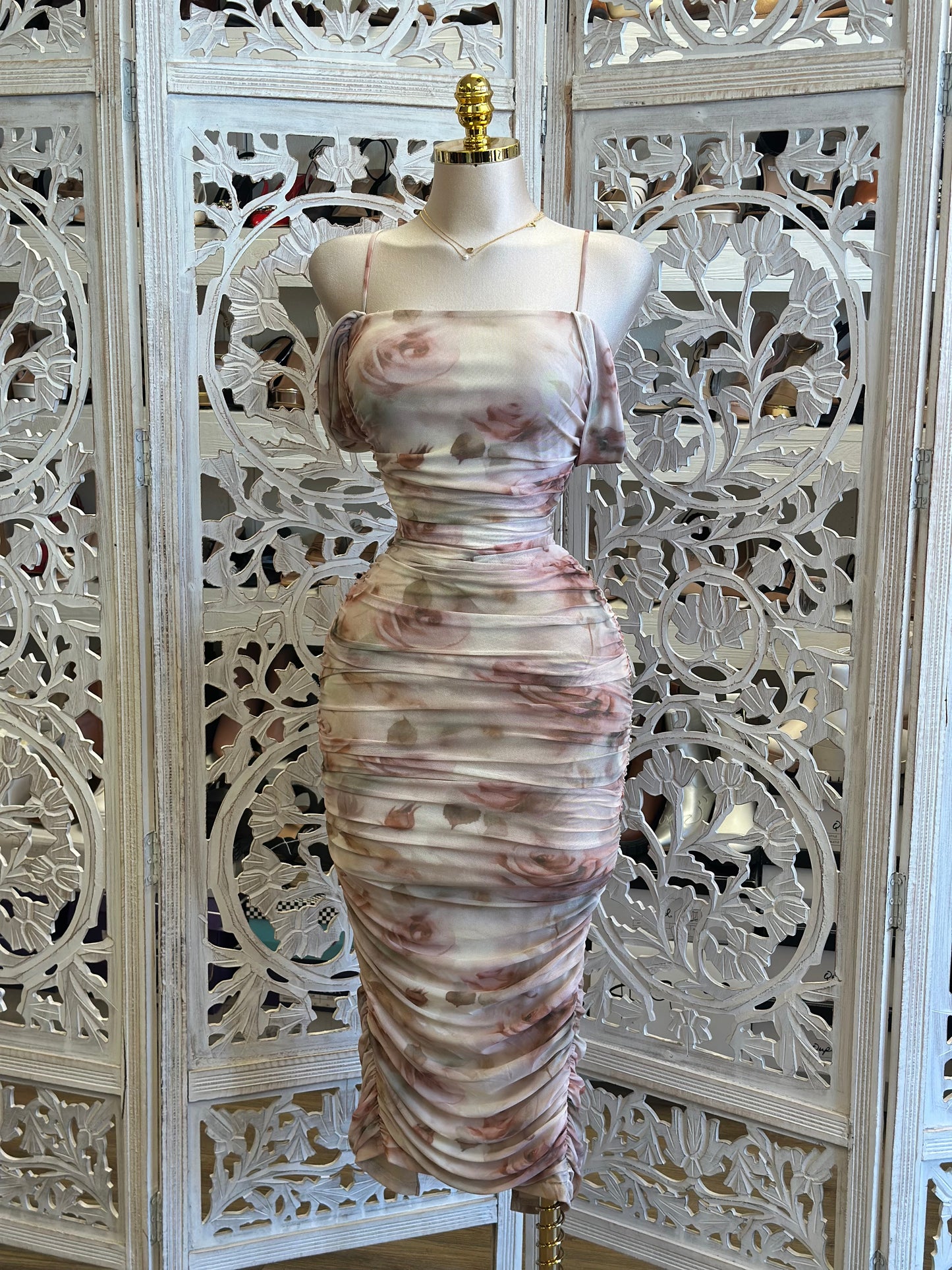 Brushed Floral  Ruched Dress- Stretchy, Estira