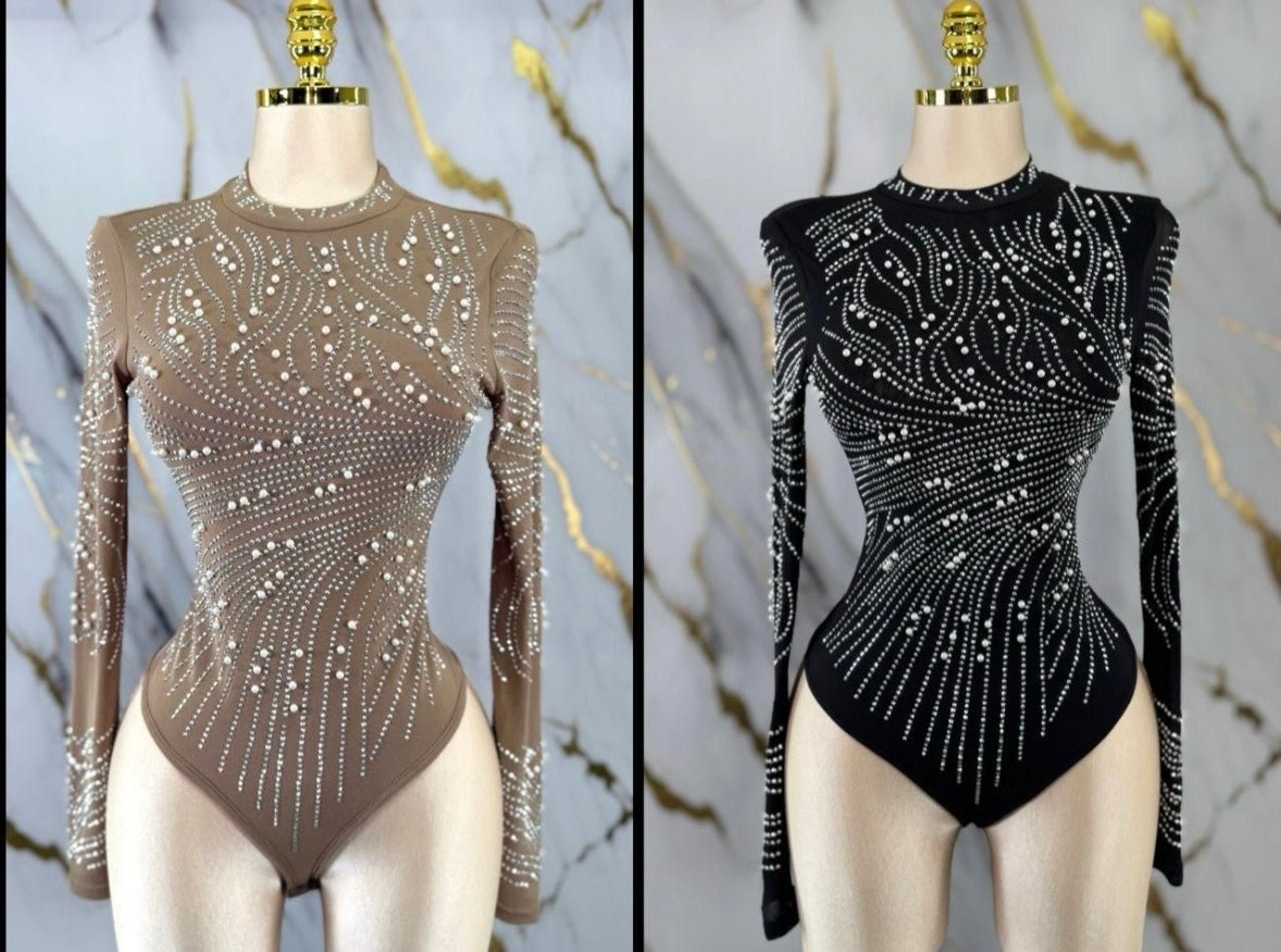 Embellished Mesh Bodysuit- Estira, Stretchy