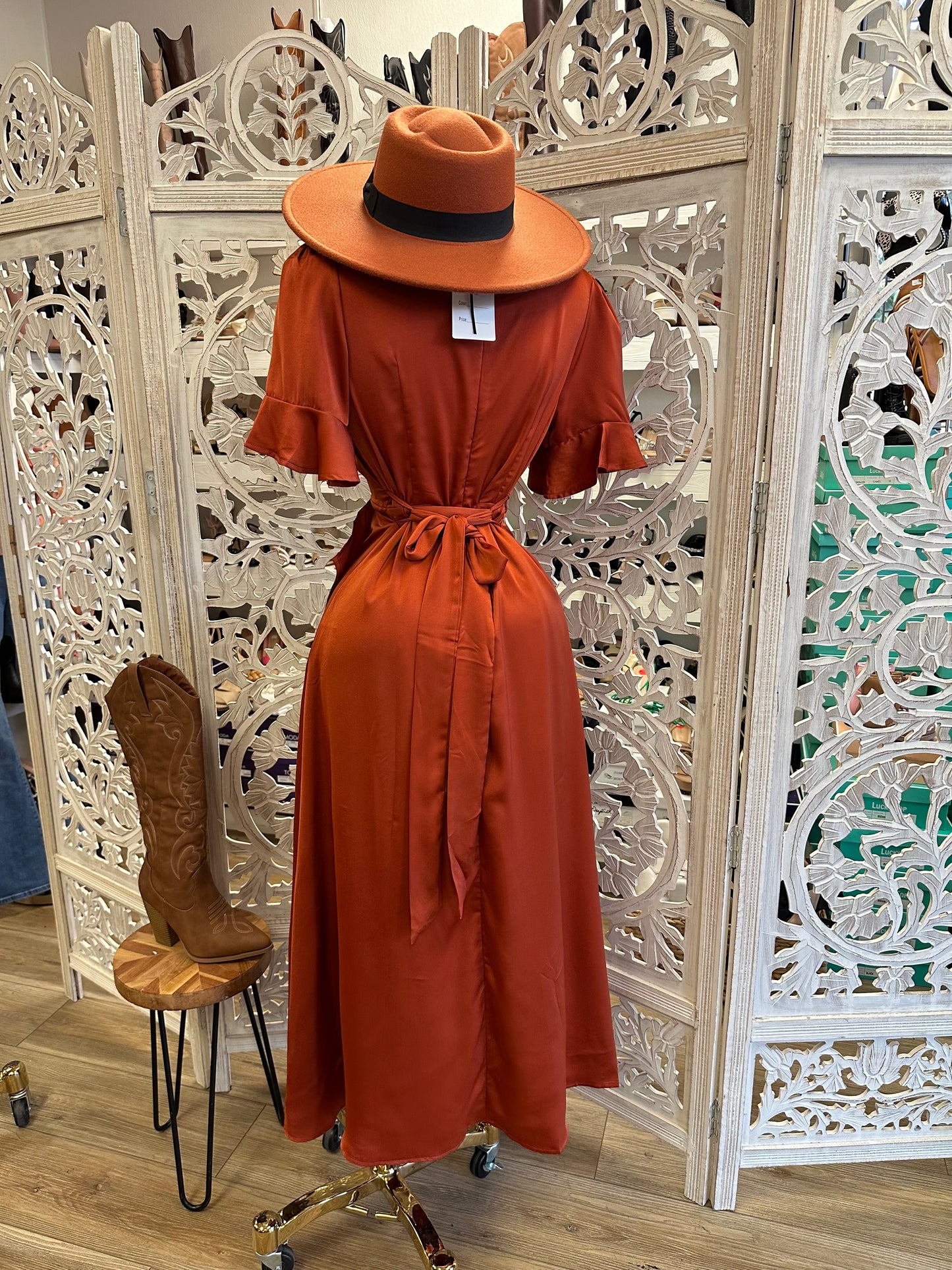 Deep Rust Wrapped Midi Satin Dress- Not Stretchy, No Estira
