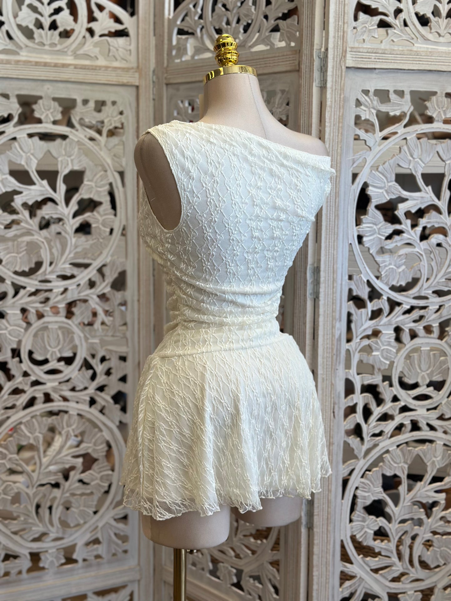 Asymmetrical Ivory Mini Lace Dress- Slightly Stretchy , Estira Poco
