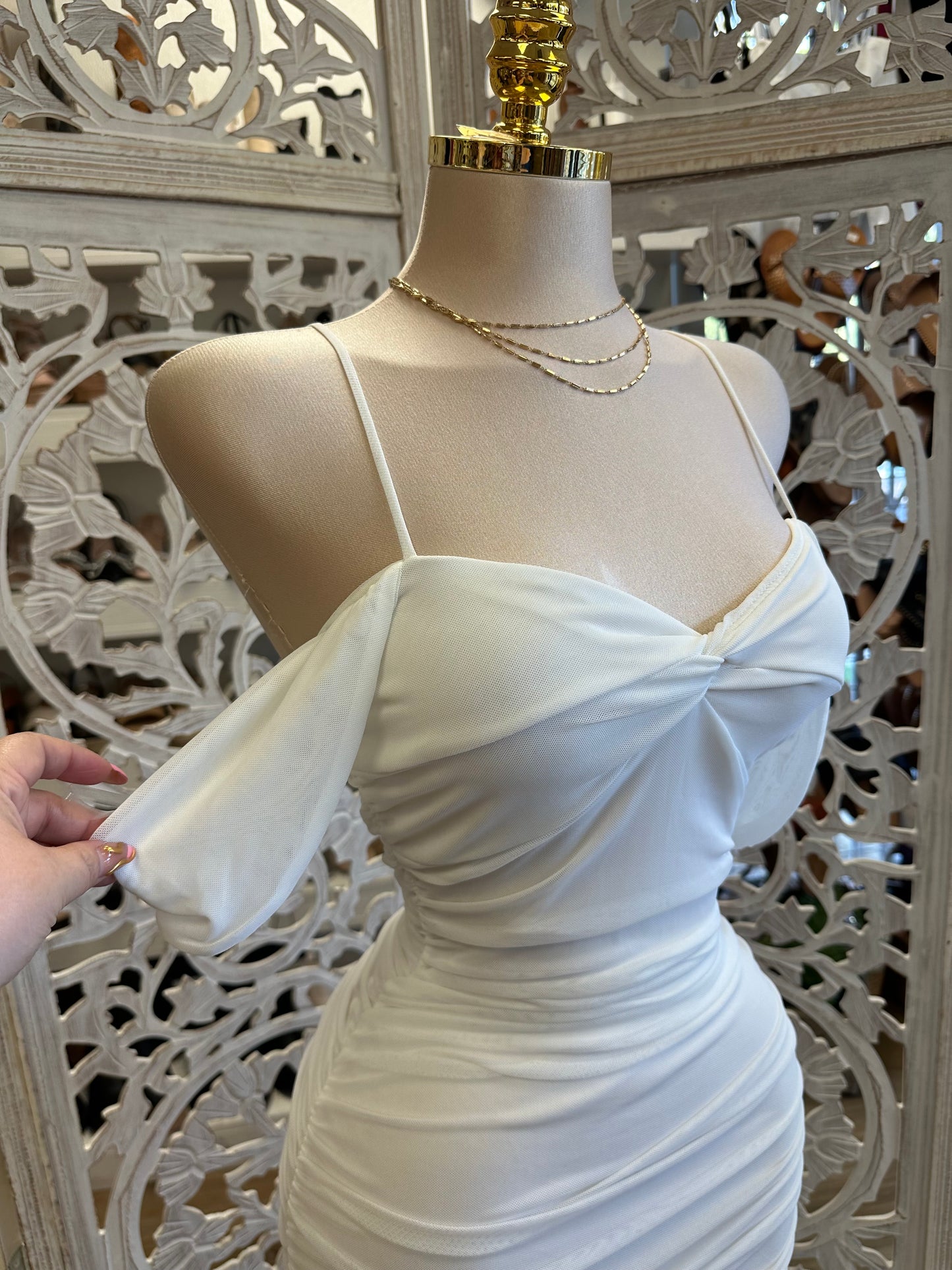 White Midi Ruched Dress - Estira, Stretchy