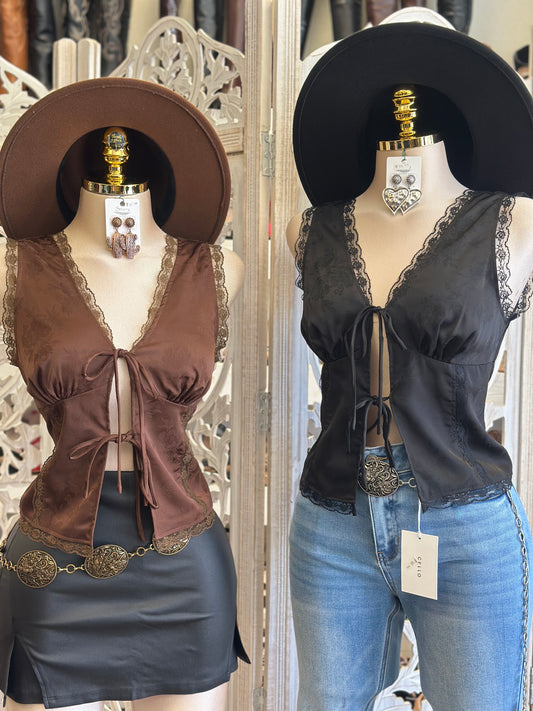 Black Satin Lace Trim Blouse- No Estira, Not Stretchy
