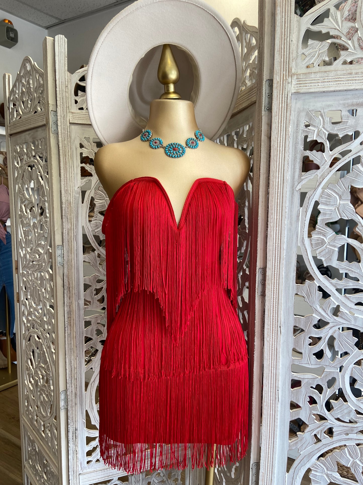 Red Fringe Dress- Stretchy, Estira