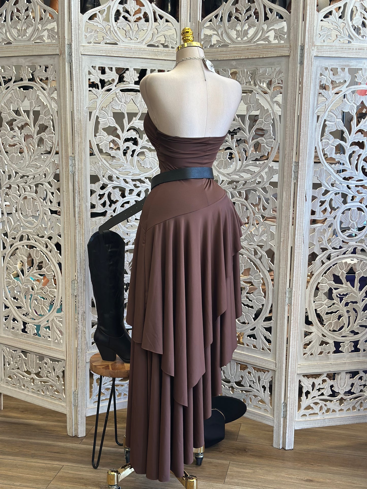 Earth Brown Ruffle High Low Strapless Dress-Estira, Stretchy