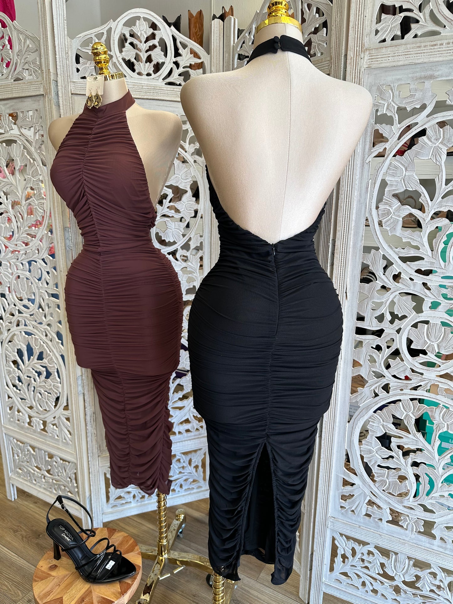 Ruched Open Back High Neck Dress- Stretchy, Estira