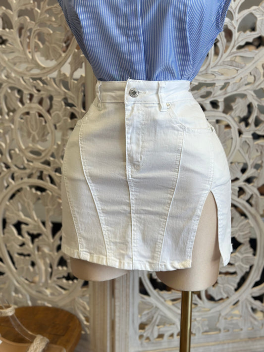 White Denim Slit Mini Skirt- Stretchy