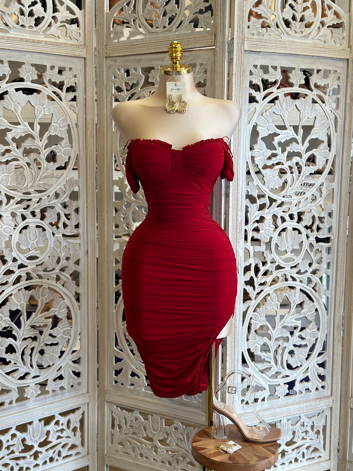 Wine Red Ruched Mini Dress - Estira, Stretchy
