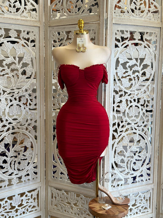 Wine Red Ruched Mini Dress - Estira, Stretchy