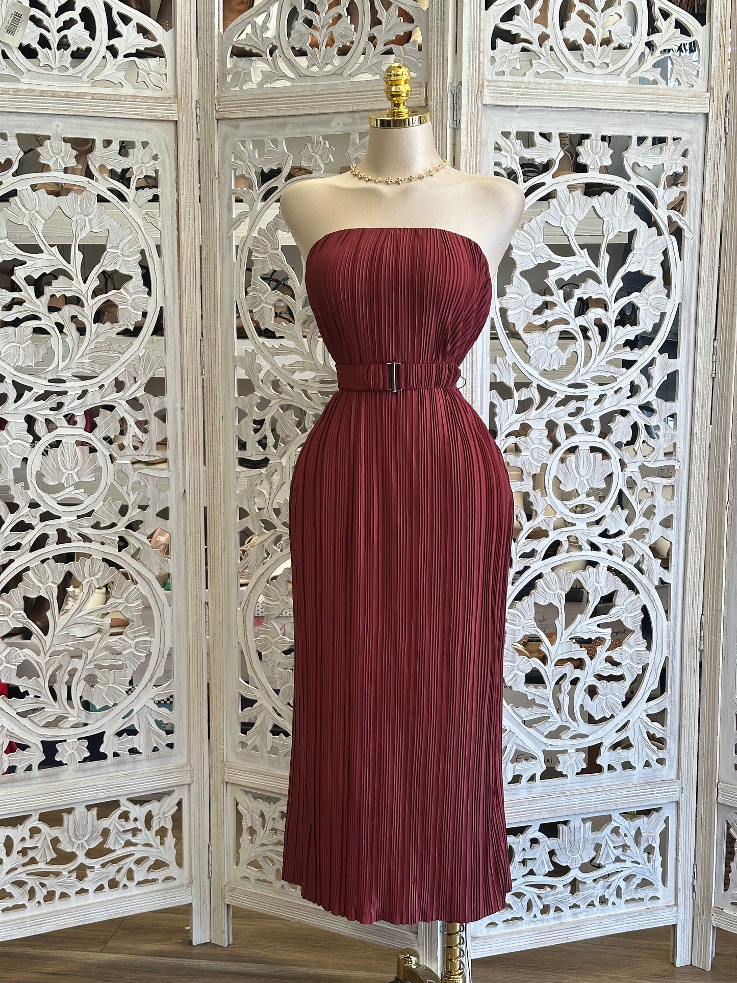 Burgundy Pleated Midi Dress- Stretchy, Estira