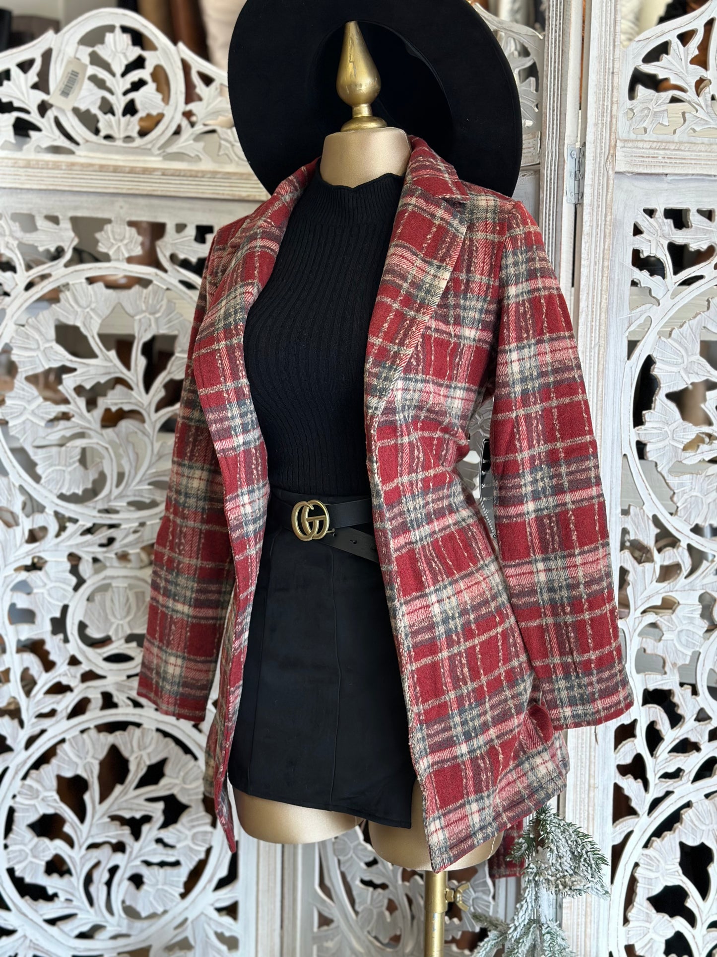 Red Plaid Blazer Coat