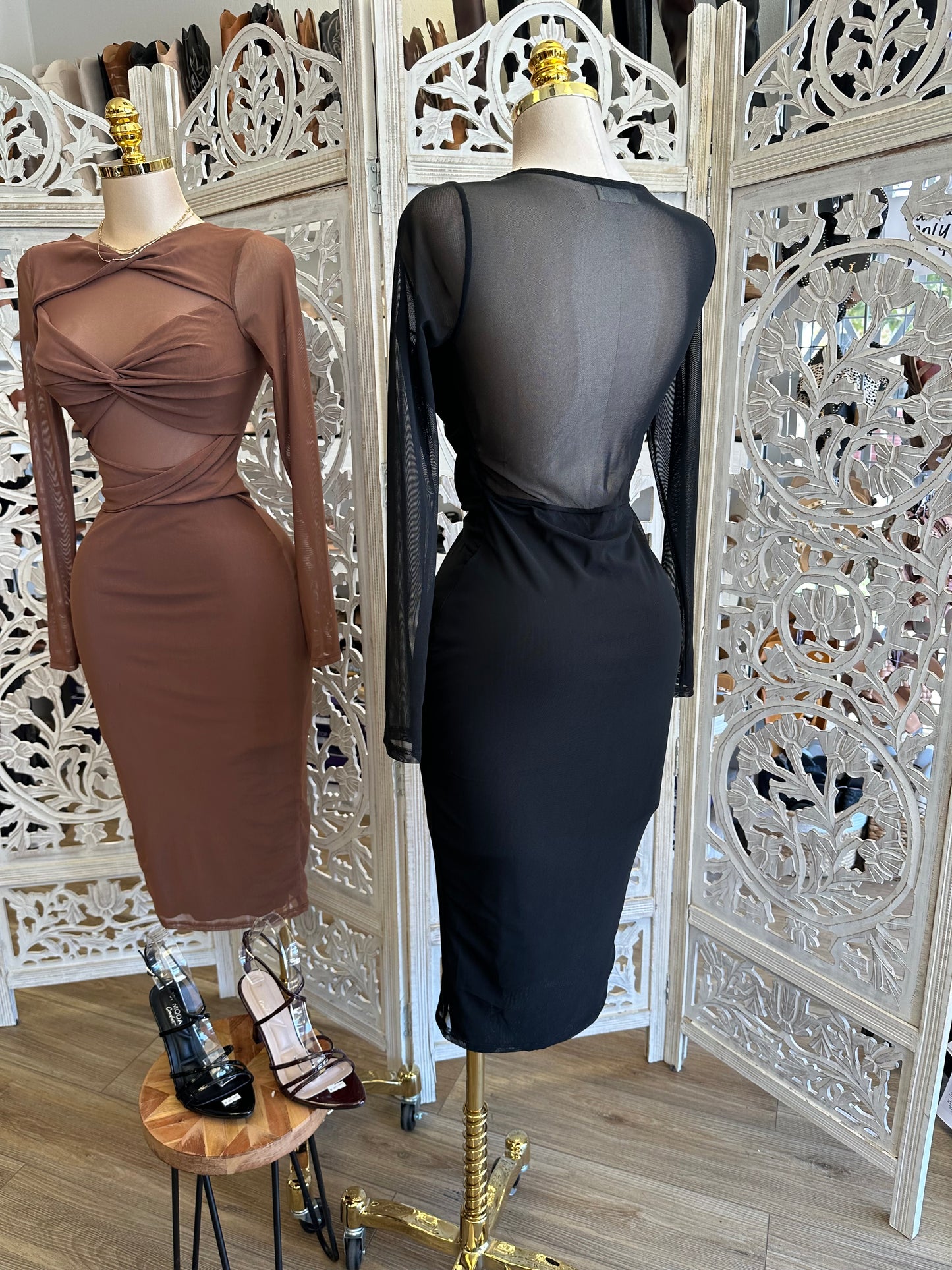 Knotted Long Sleeve Mesh Midi Dress - Estira, Stretchy