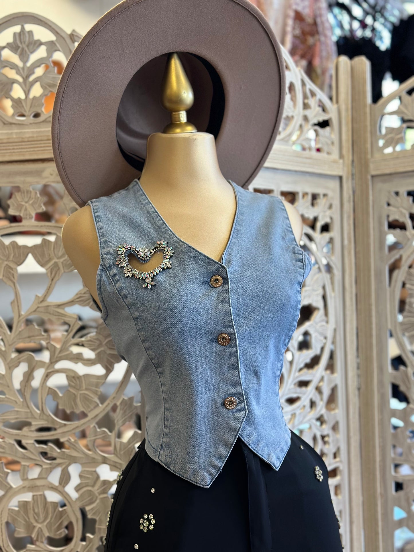 Light Heart Rhinestone Cutout Denim Vest- Slightly Stretchy