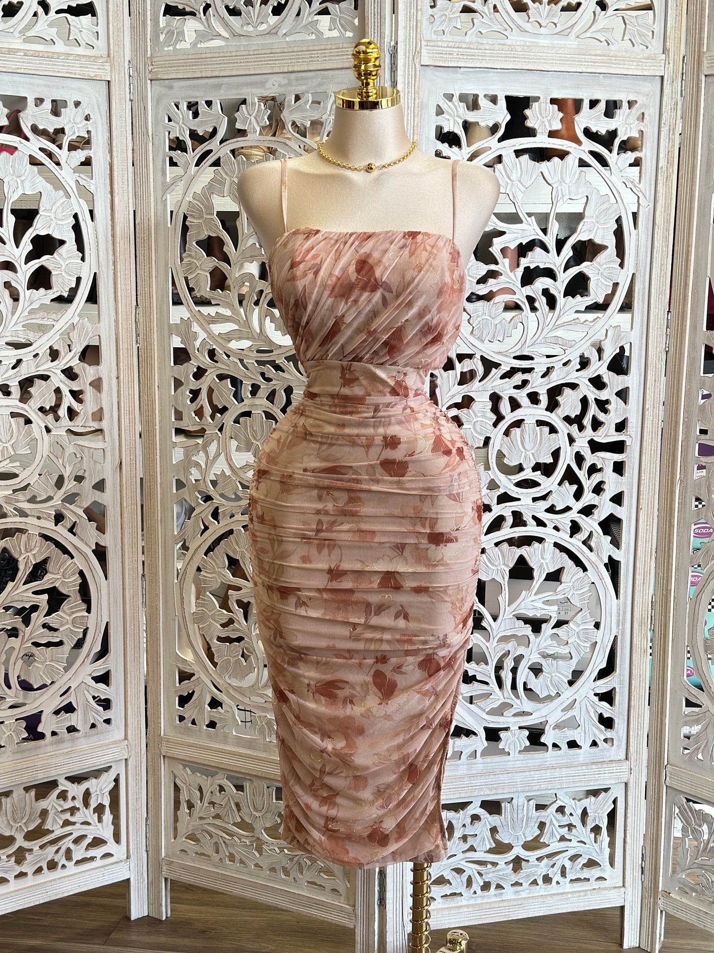 Mesh Blush Floral Dress-Stretchy,Estira