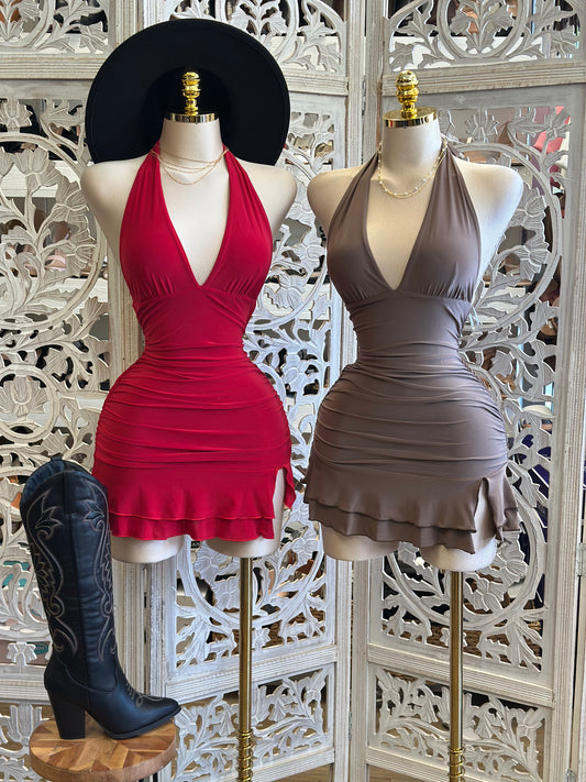 Deep Neckline Ruffle Mini Dress - Estira, Stretchy lo