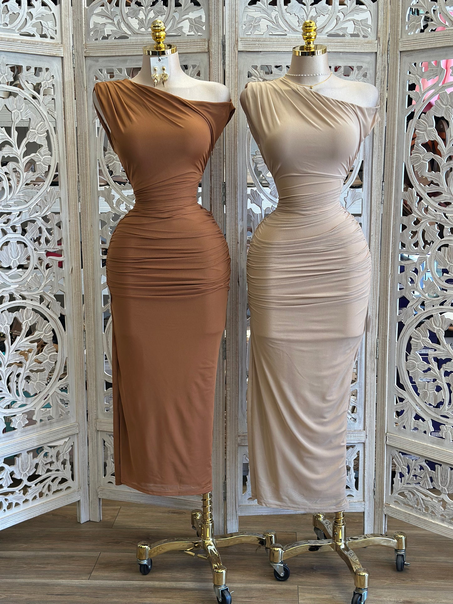 Asymmetrical Draped Neutral Dress - Estira, Stretchy