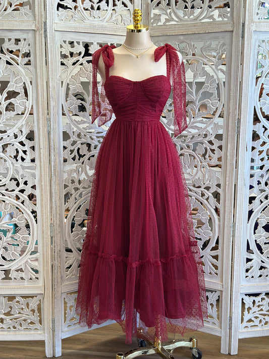 Burgundy Tulle Ribbon Strap Midi Dress - Estira, Stretchy