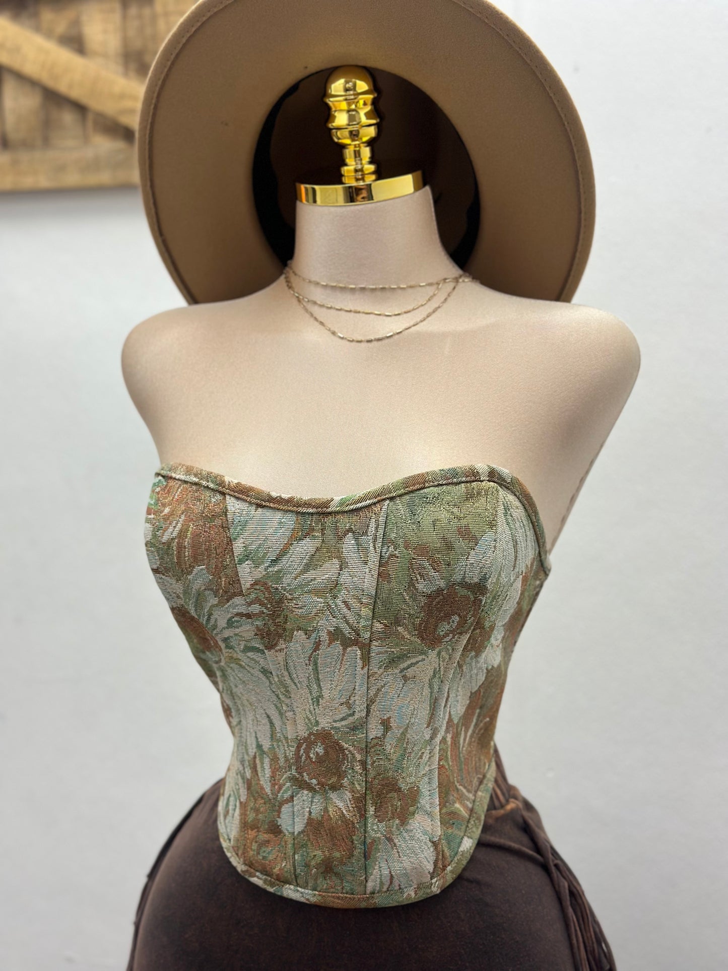 Olive Pattern Corset Top- No Estira, Not Stretchy