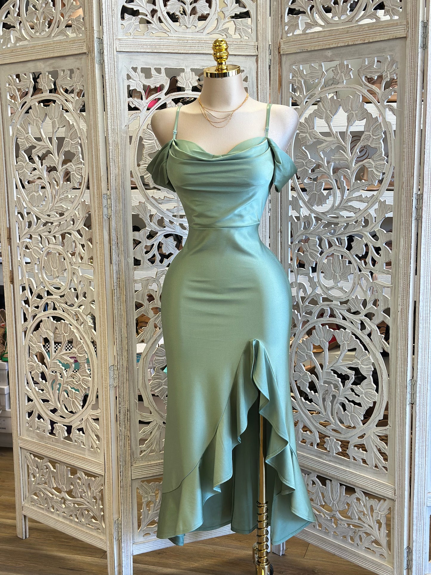 Off Shoulder Light Green Ruffle Dress- Stretchy, Estira