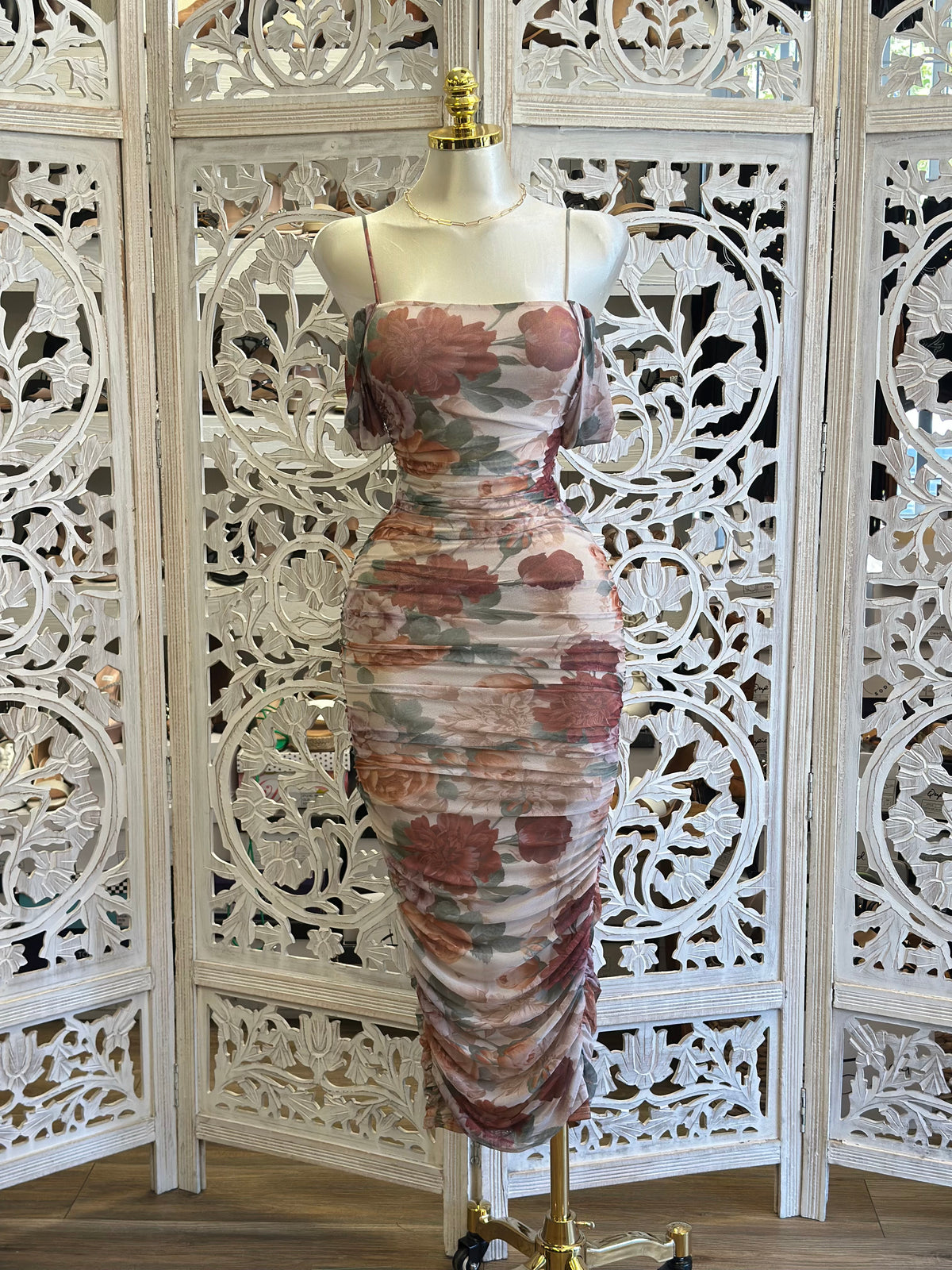 Desert Dahlia Ruched Mesh Midi Dress - Stretchy, Estira