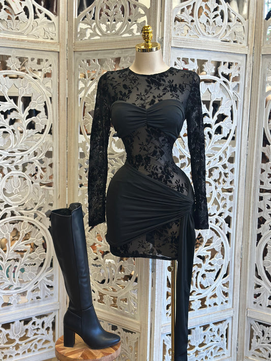 Mesh Floral Black Mini Dress- Stretchy,Estira