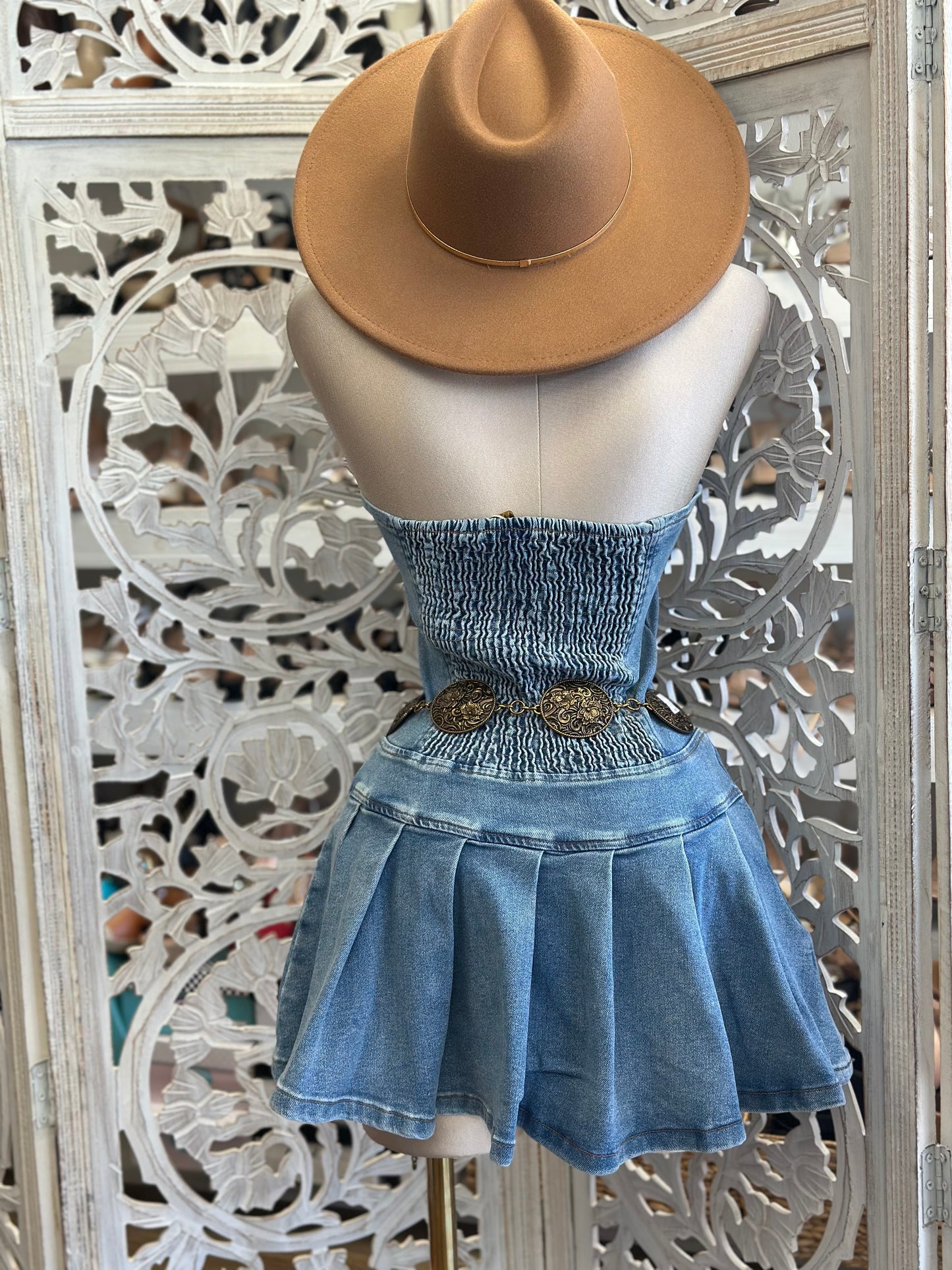 Collard Denim Fit and Flare Dress-Estira, Stretchy