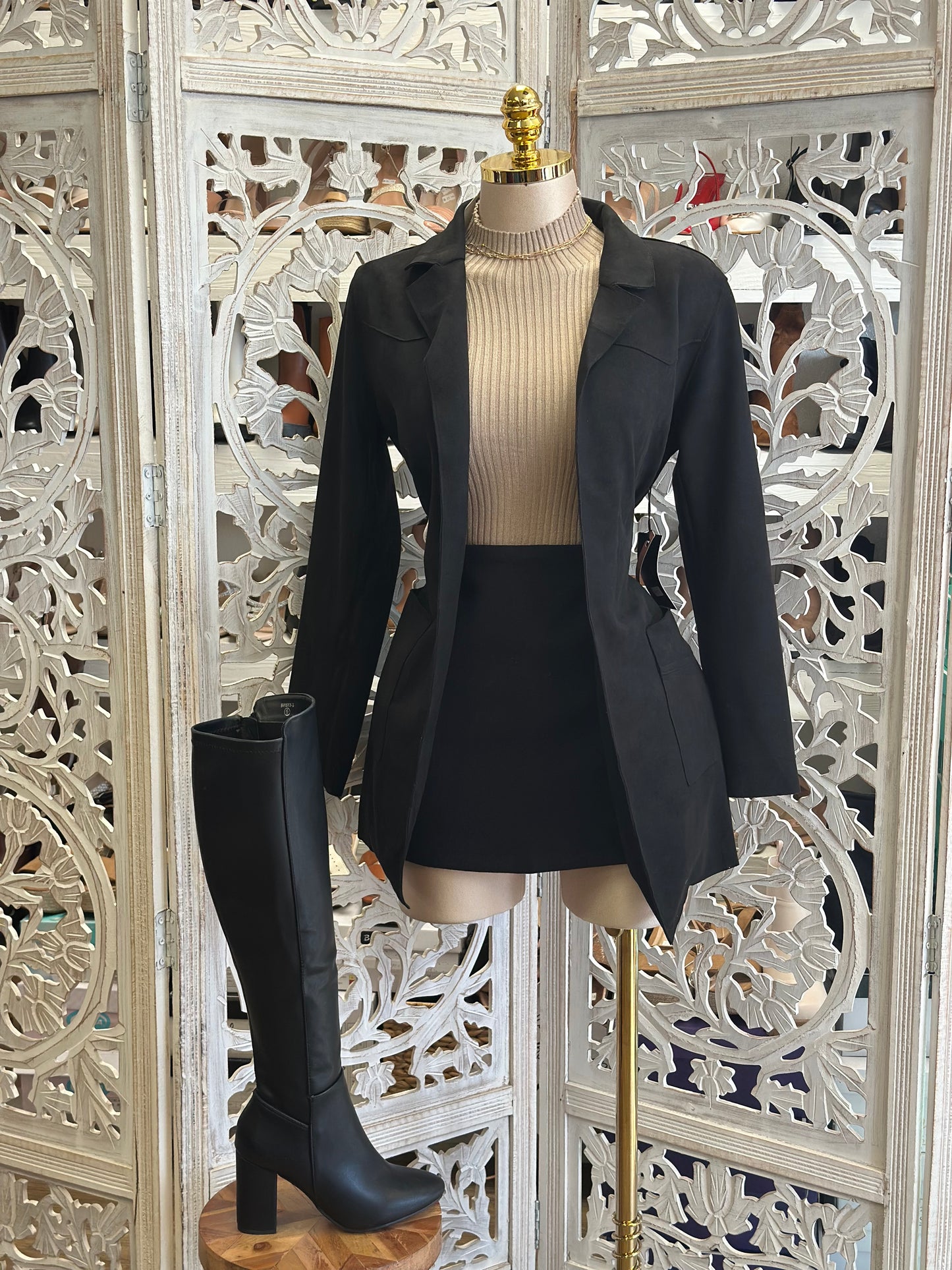 Black Suede Pocketed Midsize Coat