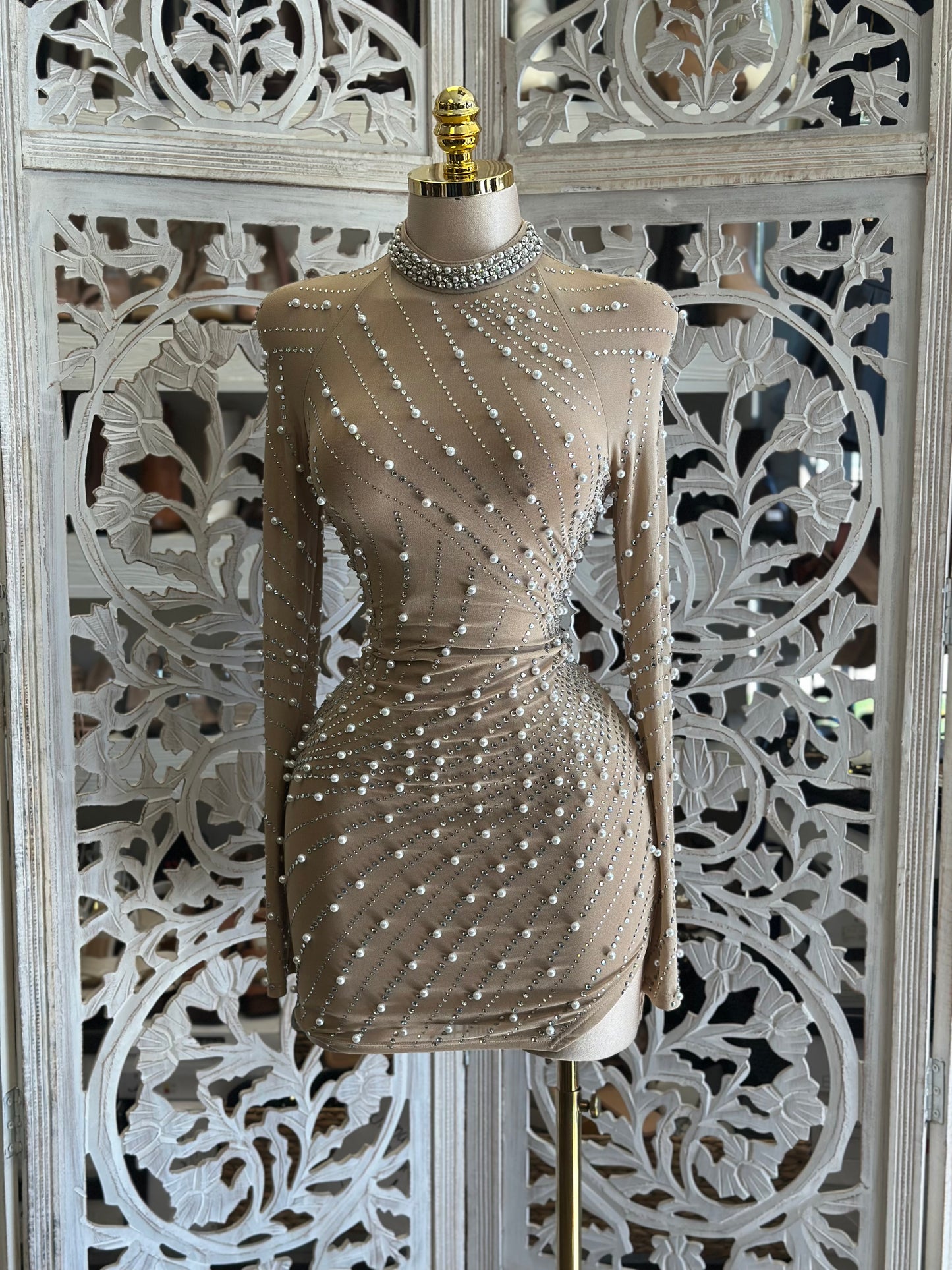Embellished Nude Mini Dress- Stretchy,Estira