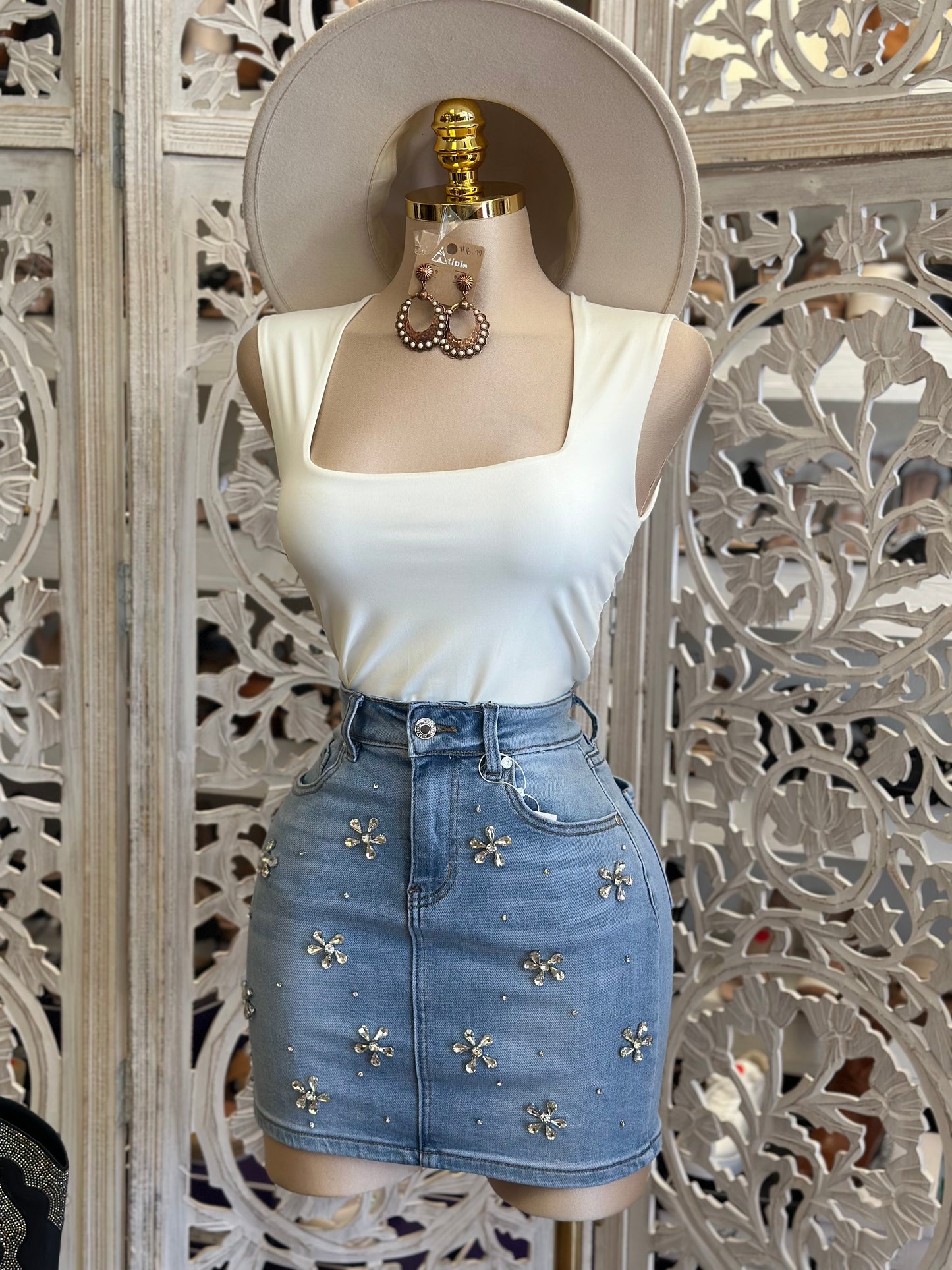 Flower Rhinestone Mini Skirt-Estira , Stretchy