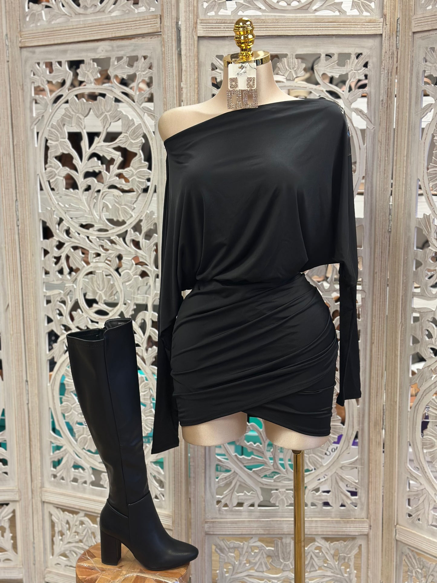 Black Draped Mini Dress- Stretchy,Estira