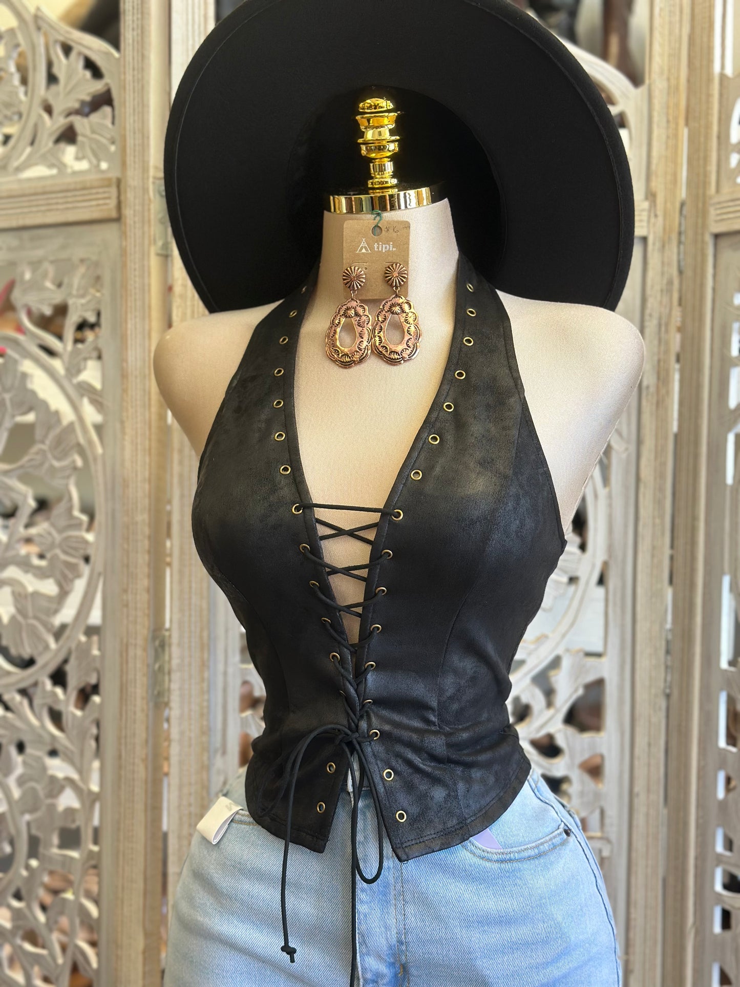 Black Tue Up Faux Leather Blouse - Estira, Stretchy