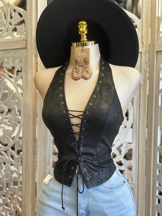 Black Tue Up Faux Leather Blouse - Estira, Stretchy