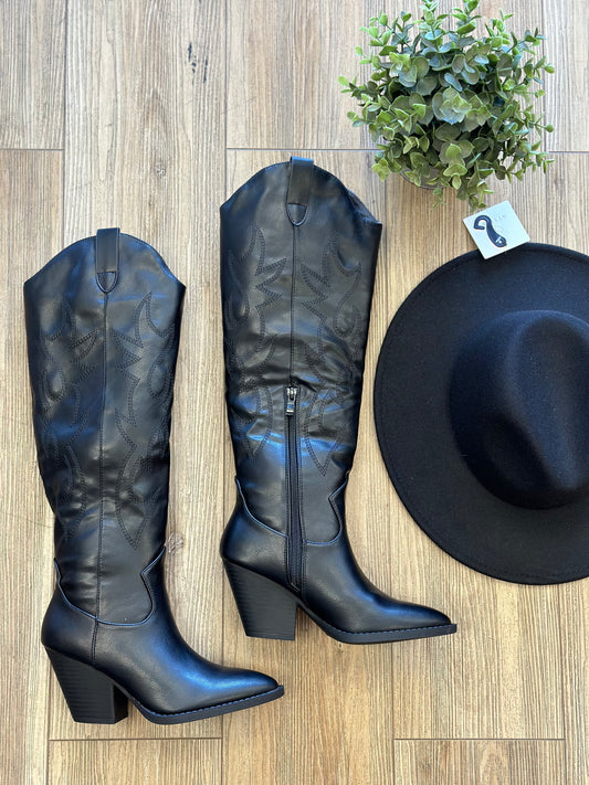 All Black Faux Leather Cowboy Boots