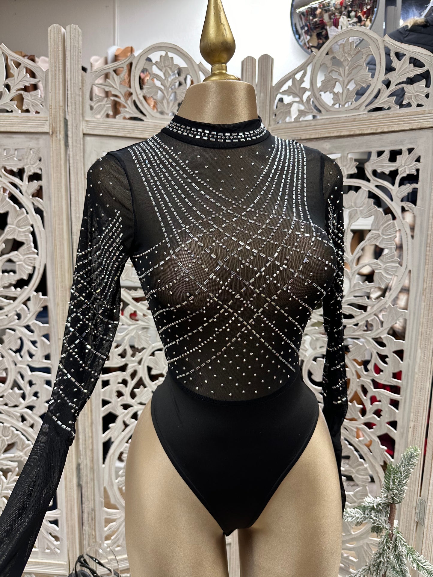 Mesh Rihinestone Pattern Bodysuit