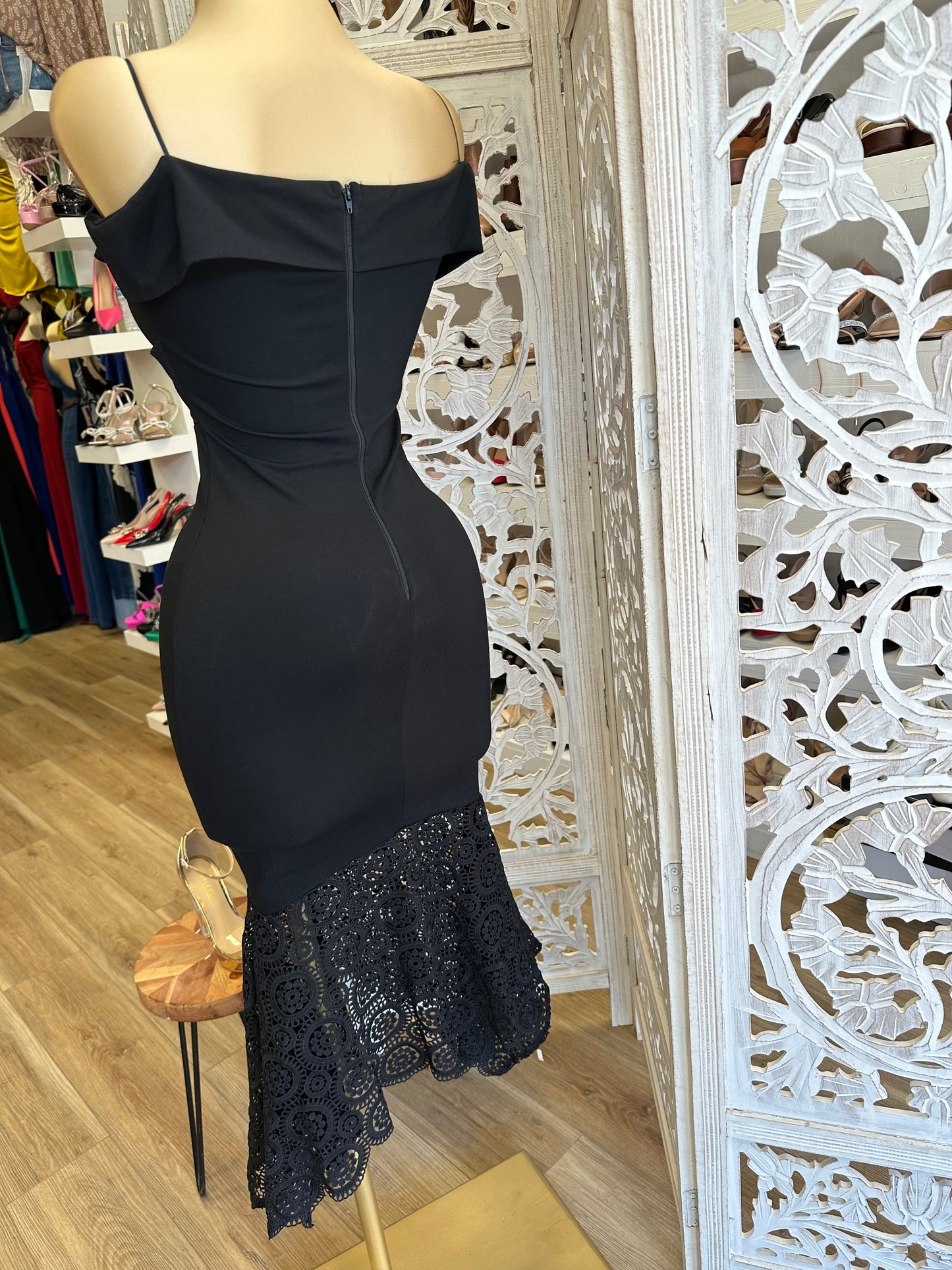 Off Shoulder Black Lace Bottom Dress