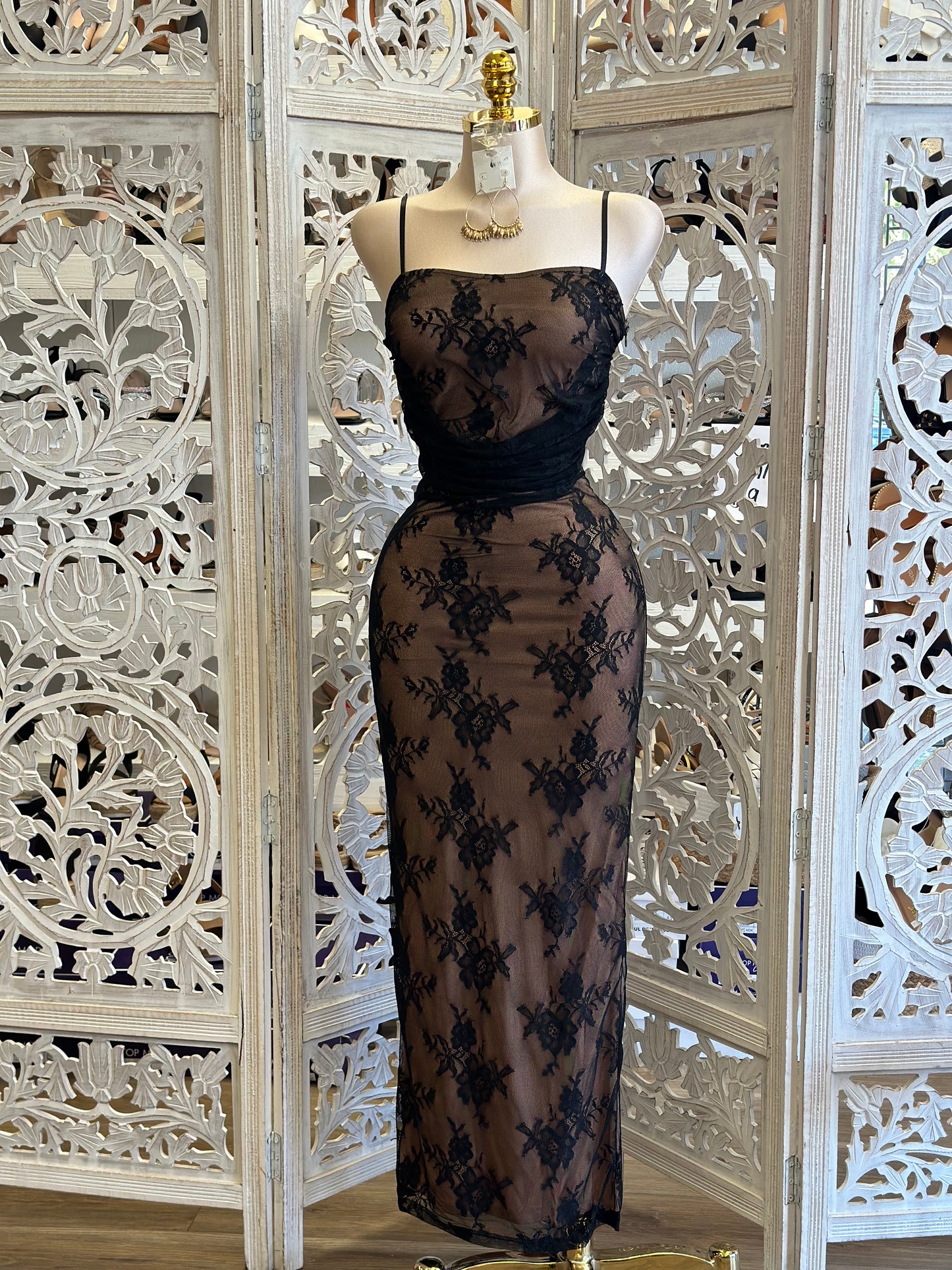 Nude with Black Lace Corset Dress - Estira, Stretchy