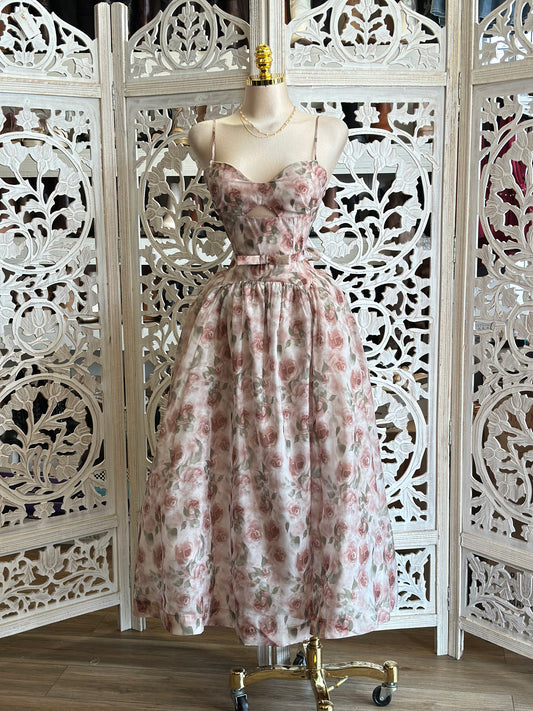 Floral Bow Puff Dress- Slightly Stretchy, Estira Poco