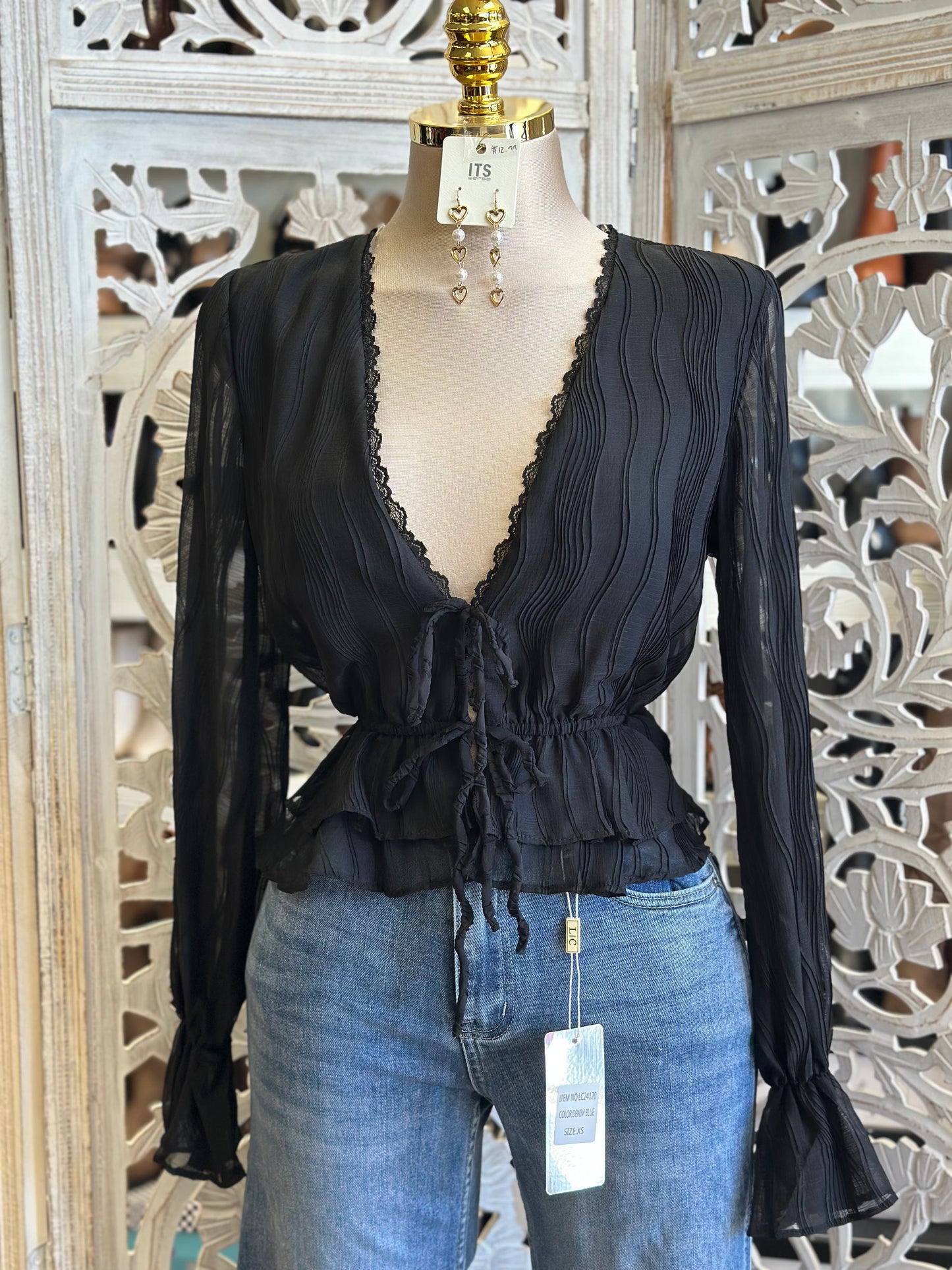 Black Lace Lined Blouse Top- Estira, Stretchy