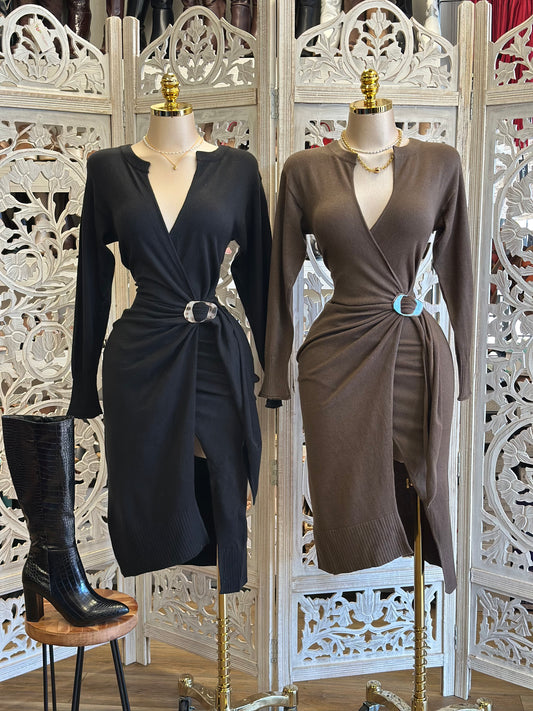 Wrapped Brass Buckle Sweater Dress- Stretchy,Estira