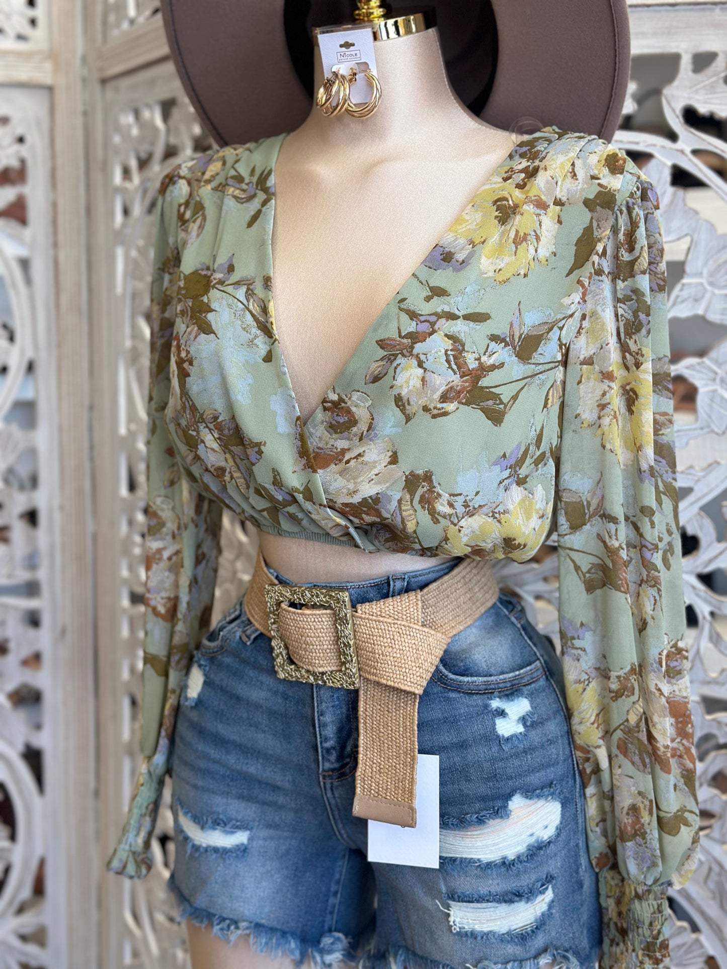 Sage Green Floral Wrapped Blouse - Stretchy, Estira