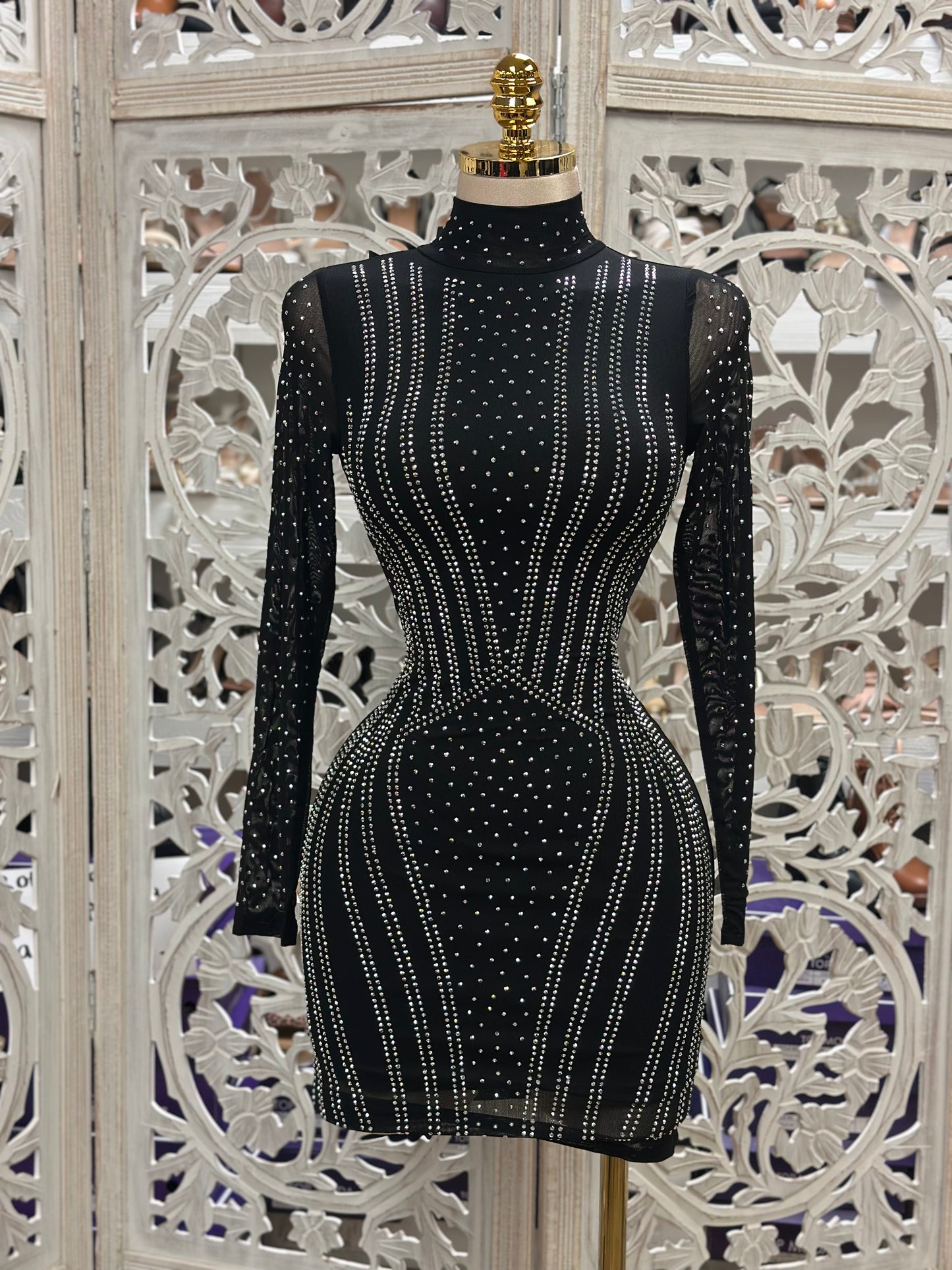 Geometric Black Rhinestone Mini Dress- Slightly Stretchy,Estira Poco