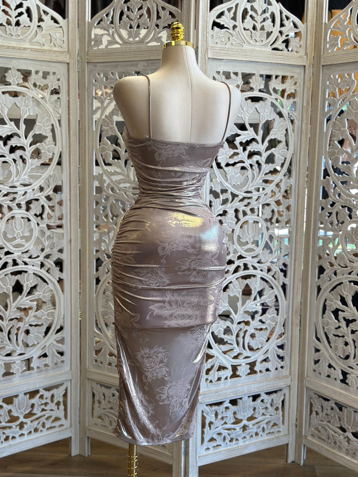 Metallic Floral Midi Dress- Stretchy , Estira