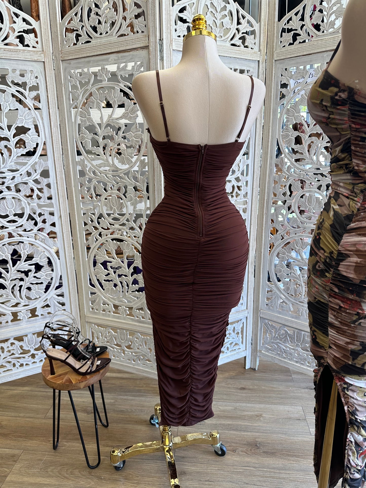 Brown Cami Mesh Midi Dress - Estira, Stretchy