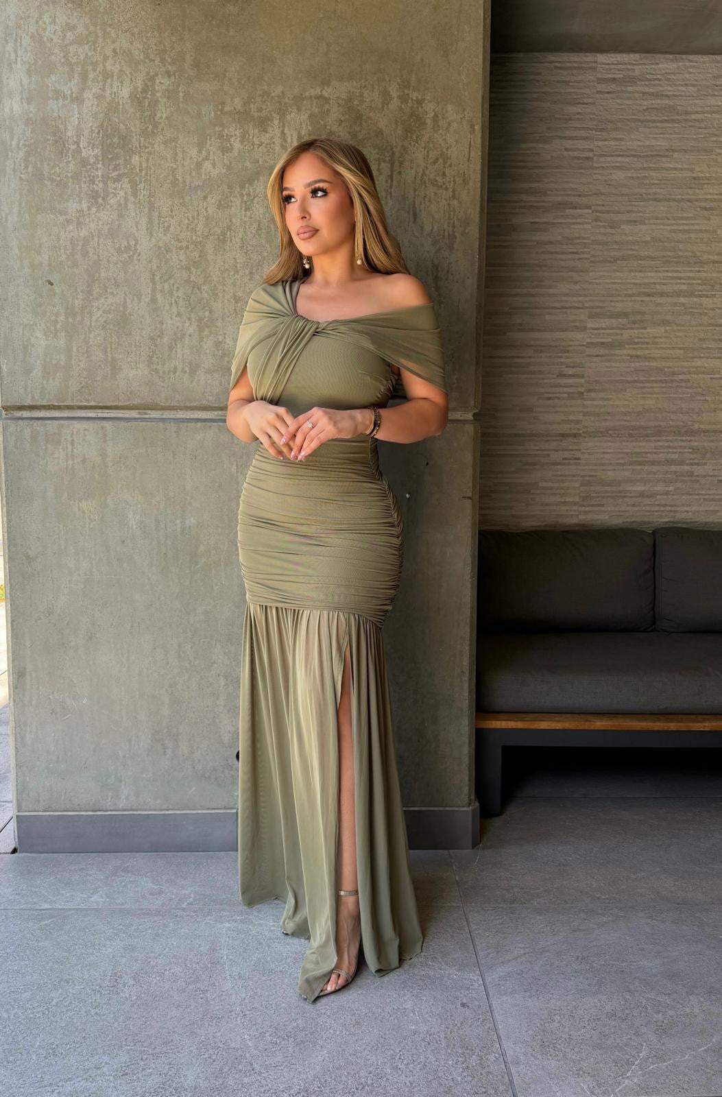 Olive Twist Maxi Dress- Estira, Stretchy