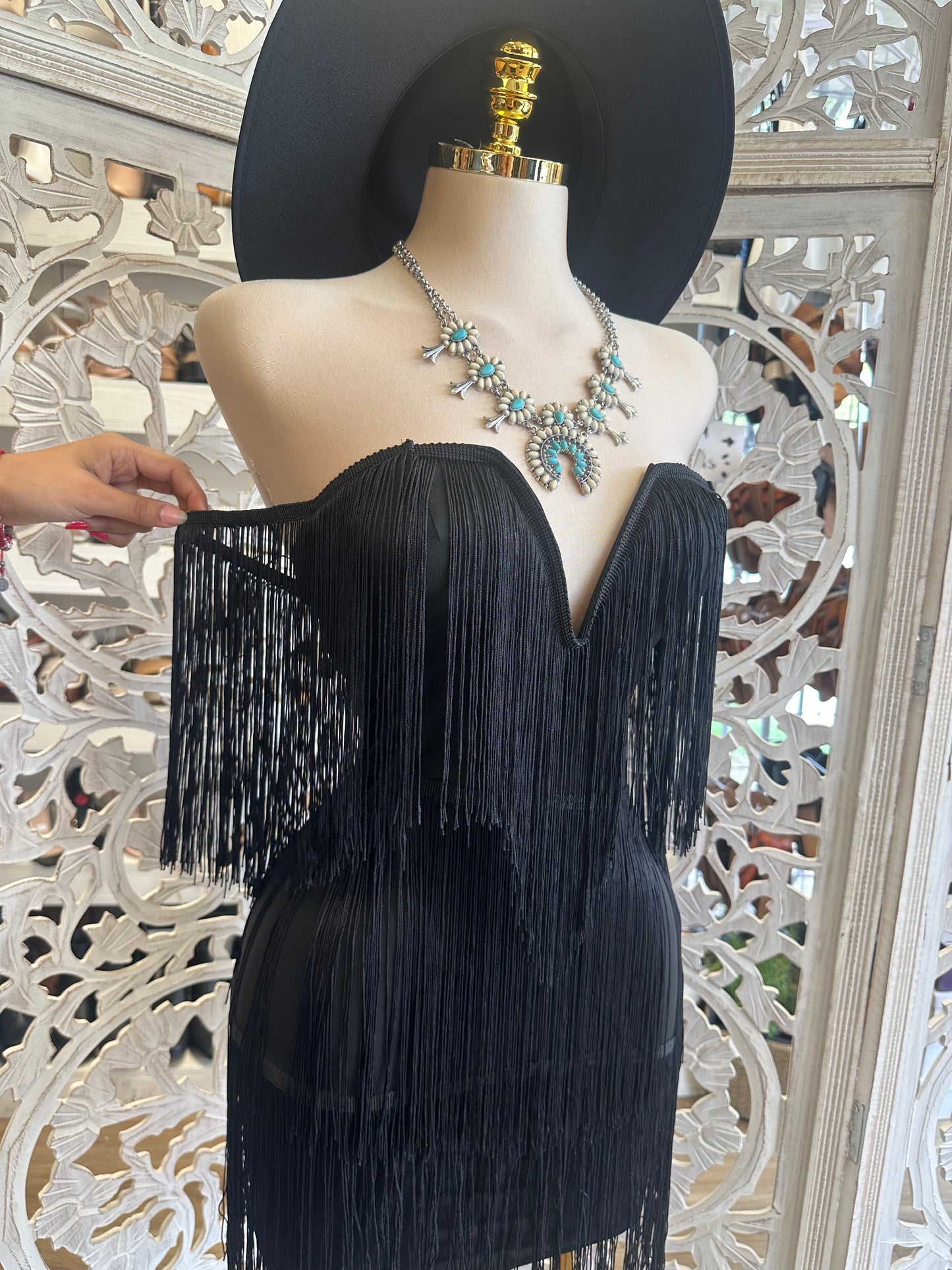 Black Fringe Dress- Stretchy, Estira