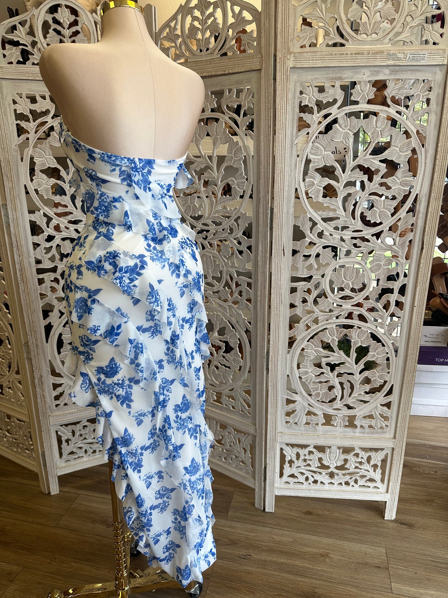 Blue Floral Full Ruffle Dress- Stretchy, Estira